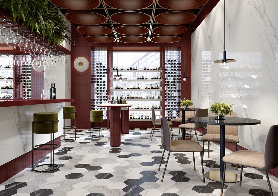 Marca Corona - Scultorea - Heksagon Dark Diamond I Heksagon Statuario Vena Argento I Heksagon Foam Grey